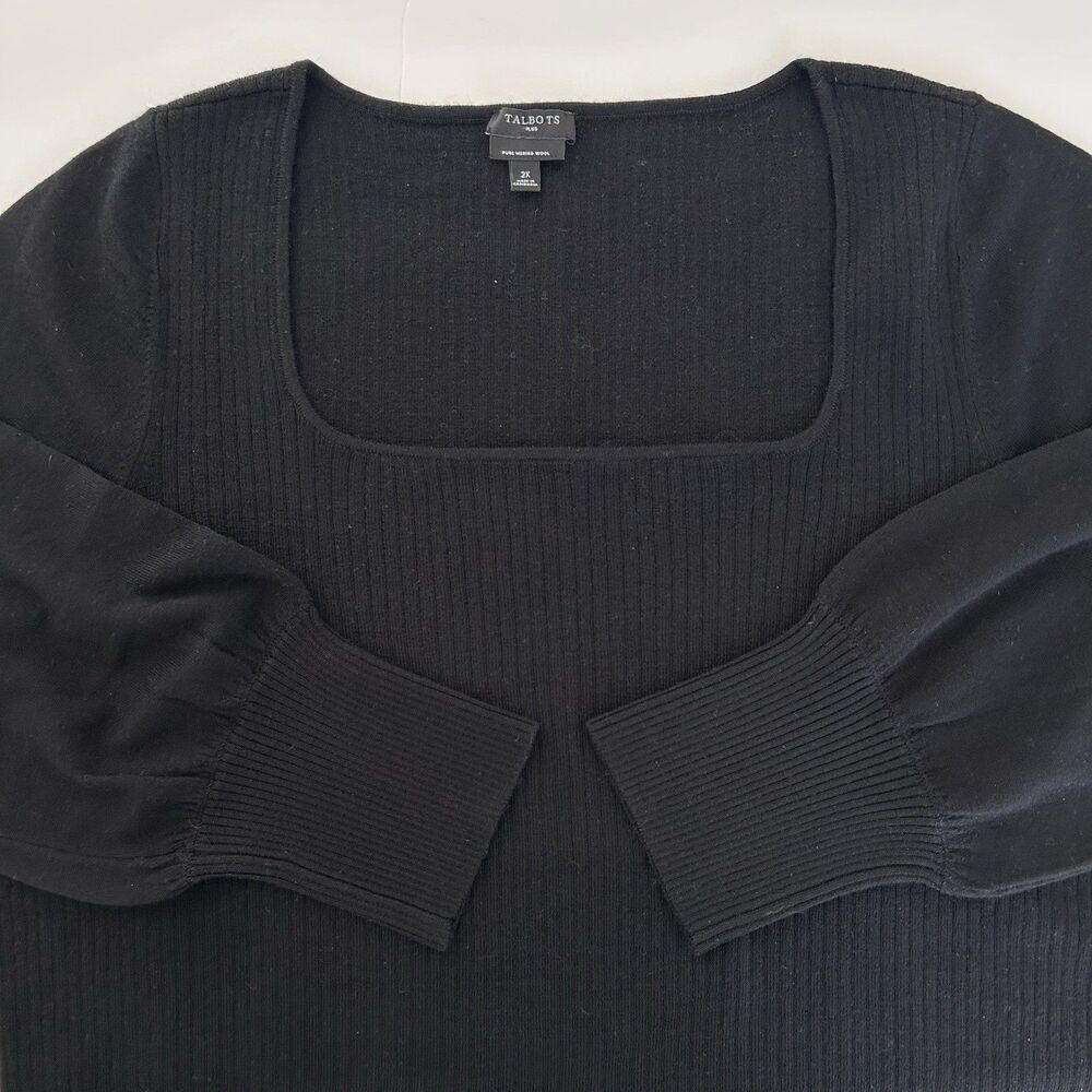 Talbots 2X Pure Merino Wool Ribbed Knit Square Neck Pullover Sweater Black Soft